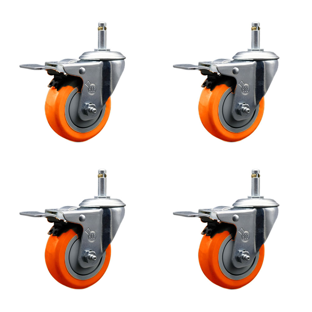 Polyurethane Swivel Grip Ring Stem Caster Set of 4 w/4" x 1.25" Orange Wheels and 7/16" Stems - Includes 4 with Total Lock Brakes - 1400 lbs Total Capacity - Service Caster Brand — photo 1