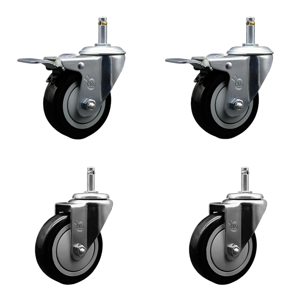 Polyurethane Swivel Grip Ring Stem Caster Set of 4 w/4" x 1.25"  Black Wheels and 7/16" Stems - Includes 2 with Total Locking Brake - 1400 lbs Total Capacity - Service Caster Brand — photo 1