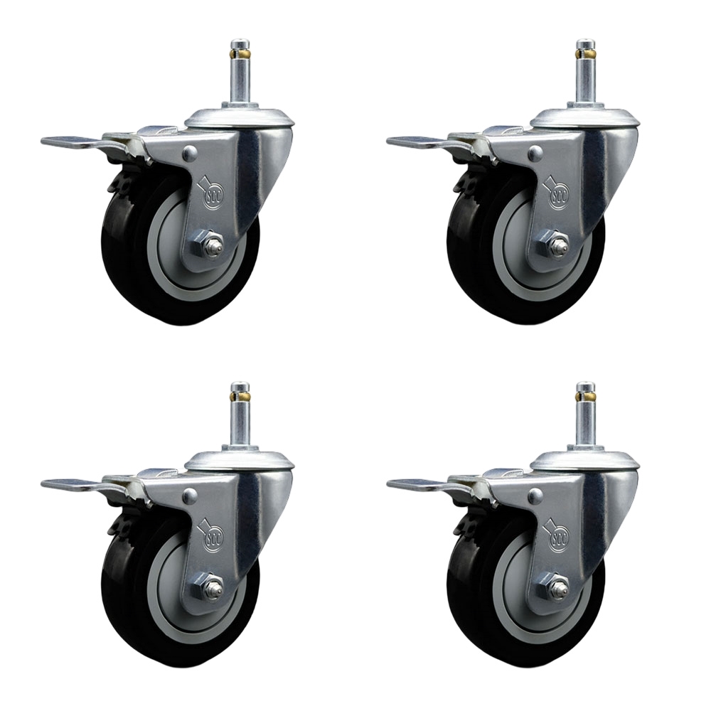 Polyurethane Swivel Grip Ring Stem Caster Set of 4 w/4" x 1.25" Black Wheels and 7/16" Stems - Includes 4 with Total Lock Brakes - 1400 lbs Total Capacity - Service Caster Brand — photo 1