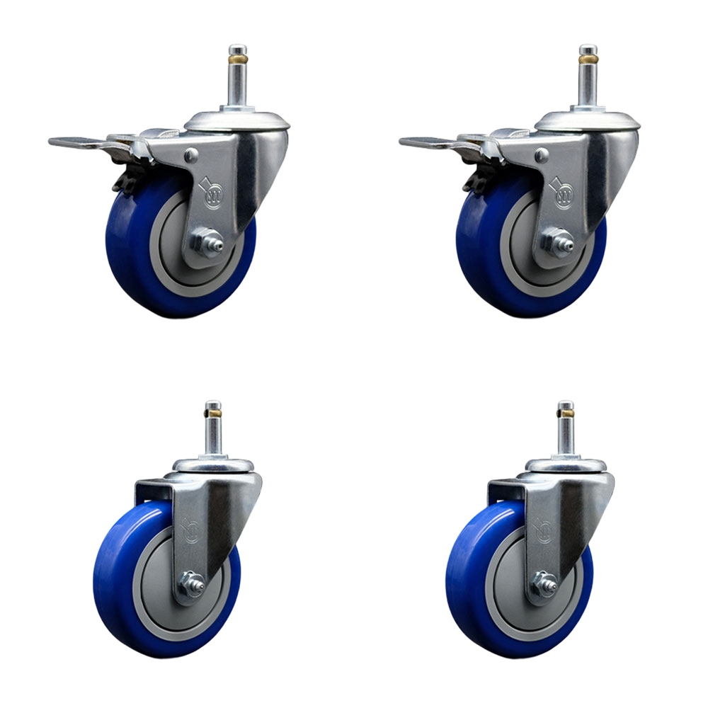 Polyurethane Swivel Grip Ring Stem Caster Set of 4 w/4" x 1.25" Blue Wheels and 7/16" Stems - Includes 2 with Total Locking Brake - 1400 lbs Total Capacity - Service Caster Brand — photo 1