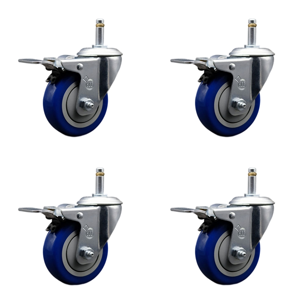 Polyurethane Swivel Grip Ring Stem Caster Set of 4 w/4" x 1.25" Blue Wheels and 7/16" Stems - Includes 4 with Total Lock Brakes - 1400 lbs Total Capacity - Service Caster Brand — photo 1