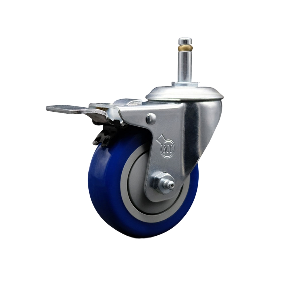 Polyurethane Swivel Grip Ring Stem Caster w/4" x 1.25"  Blue Wheel and 7/16" Stem & Total Locking Brake - 350 lbs Capacity/Caster - Service Caster Brand — photo 1
