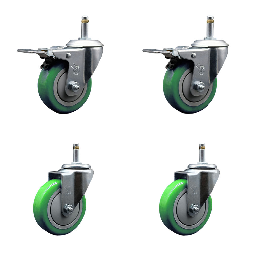 Polyurethane Swivel Grip Ring Stem Caster Set of 4 w/4" x 1.25"  Green Wheels and 7/16" Stems - Includes 2 with Total Locking Brake - 1400 lbs Total Capacity - Service Caster Brand — photo 1