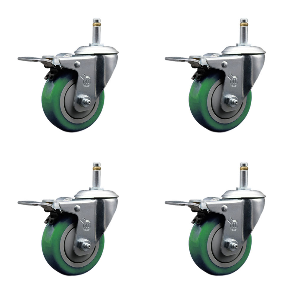 Polyurethane Swivel Grip Ring Stem Caster Set of 4 w/4" x 1.25" Green Wheels and 7/16" Stems - Includes 4 with Total Lock Brakes - 1400 lbs Total Capacity - Service Caster Brand — photo 1