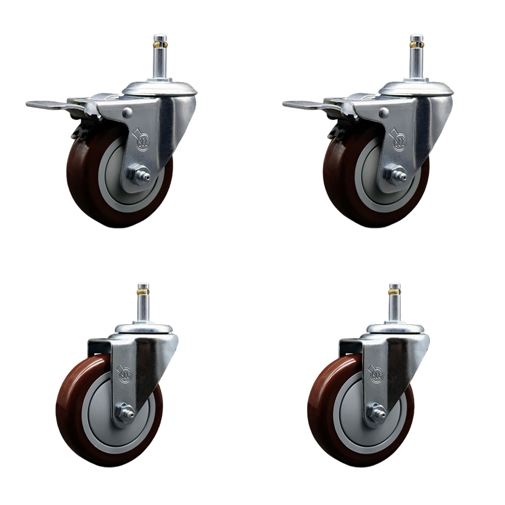 Polyurethane Swivel Grip Ring Stem Caster Set of 4 w/4" x 1.25"  Maroon Wheels and 7/16" Stems - Includes 2 with Total Locking Brake - 1400 lbs Total Capacity - Service Caster Brand — photo 1