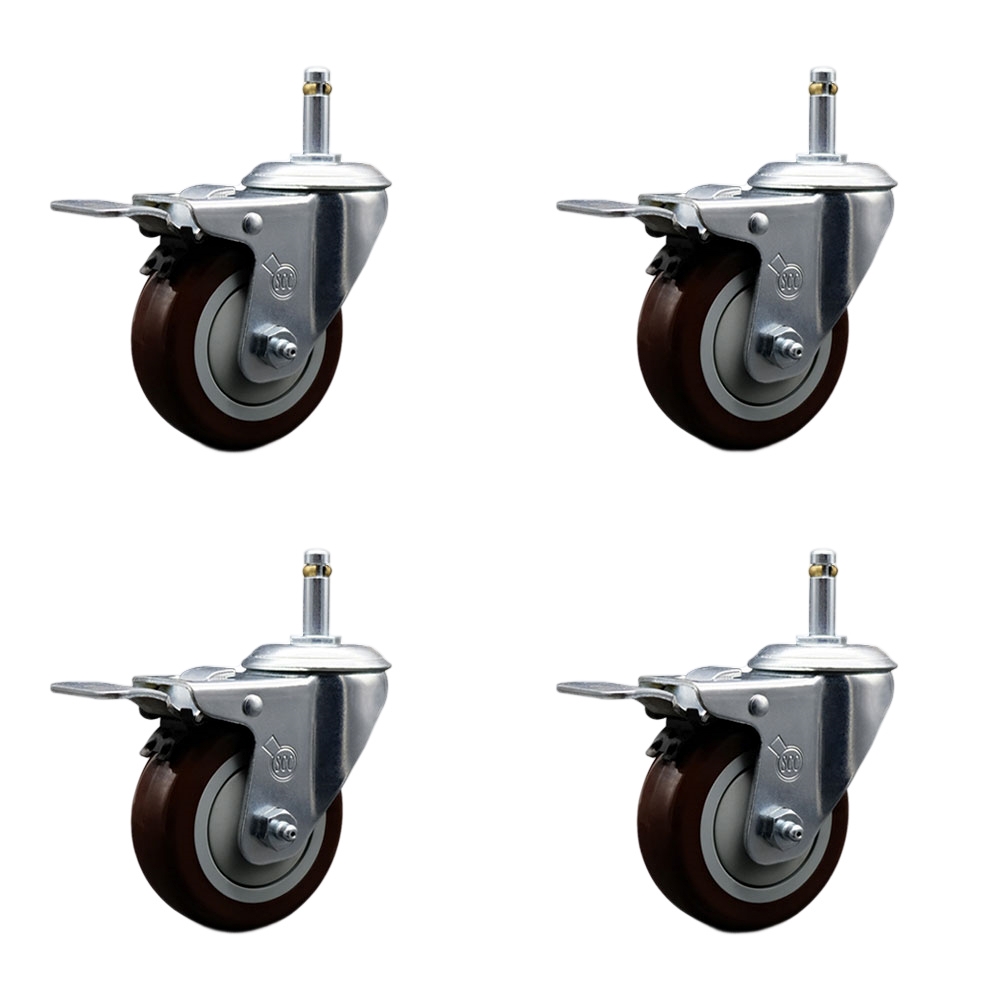 Polyurethane Swivel Grip Ring Stem Caster Set of 4 w/4" x 1.25" Maroon Wheels and 7/16" Stems - Includes 4 with Total Lock Brakes - 1400 lbs Total Capacity - Service Caster Brand — photo 1