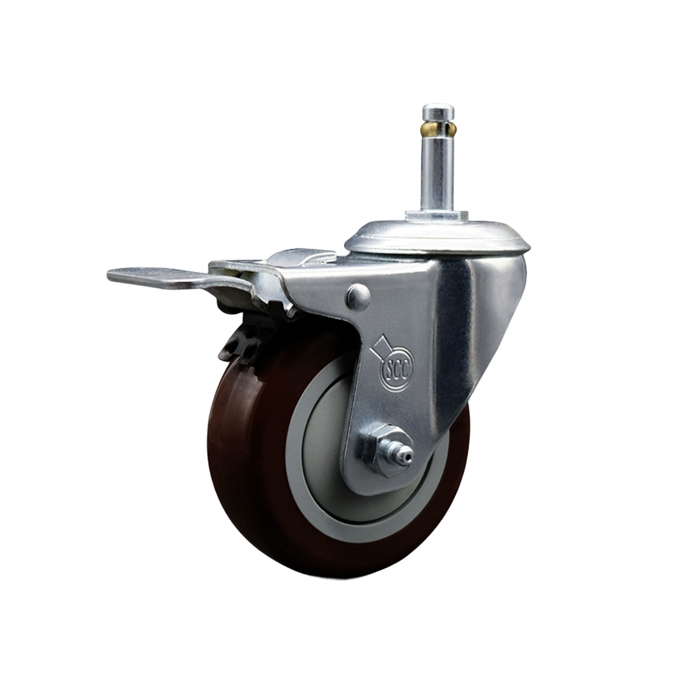 Polyurethane Swivel Grip Ring Stem Caster w/4" x 1.25"  Maroon Wheel and 7/16" Stem & Total Locking Brake - 350 lbs Capacity/Caster - Service Caster Brand — photo 1