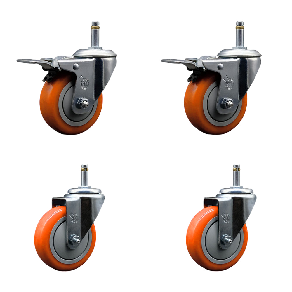Polyurethane Swivel Grip Ring Stem Caster Set of 4 w/4" x 1.25"  Orange Wheels and 7/16" Stems - Includes 2 with Total Locking Brake - 1400 lbs Total Capacity - Service Caster Brand — photo 1