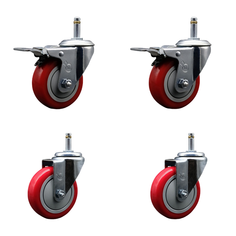 Polyurethane Swivel Grip Ring Stem Caster Set of 4 w/4" x 1.25"  Red Wheels and 7/16" Stems - Includes 2 with Total Locking Brake - 1400 lbs Total Capacity - Service Caster Brand — photo 1