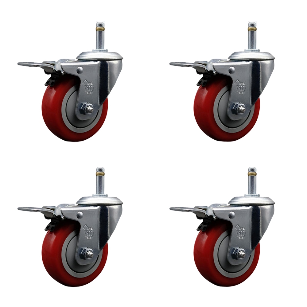 Polyurethane Swivel Grip Ring Stem Caster Set of 4 w/4" x 1.25" Red Wheels and 7/16" Stems - Includes 4 with Total Lock Brakes - 1400 lbs Total Capacity - Service Caster Brand — photo 1