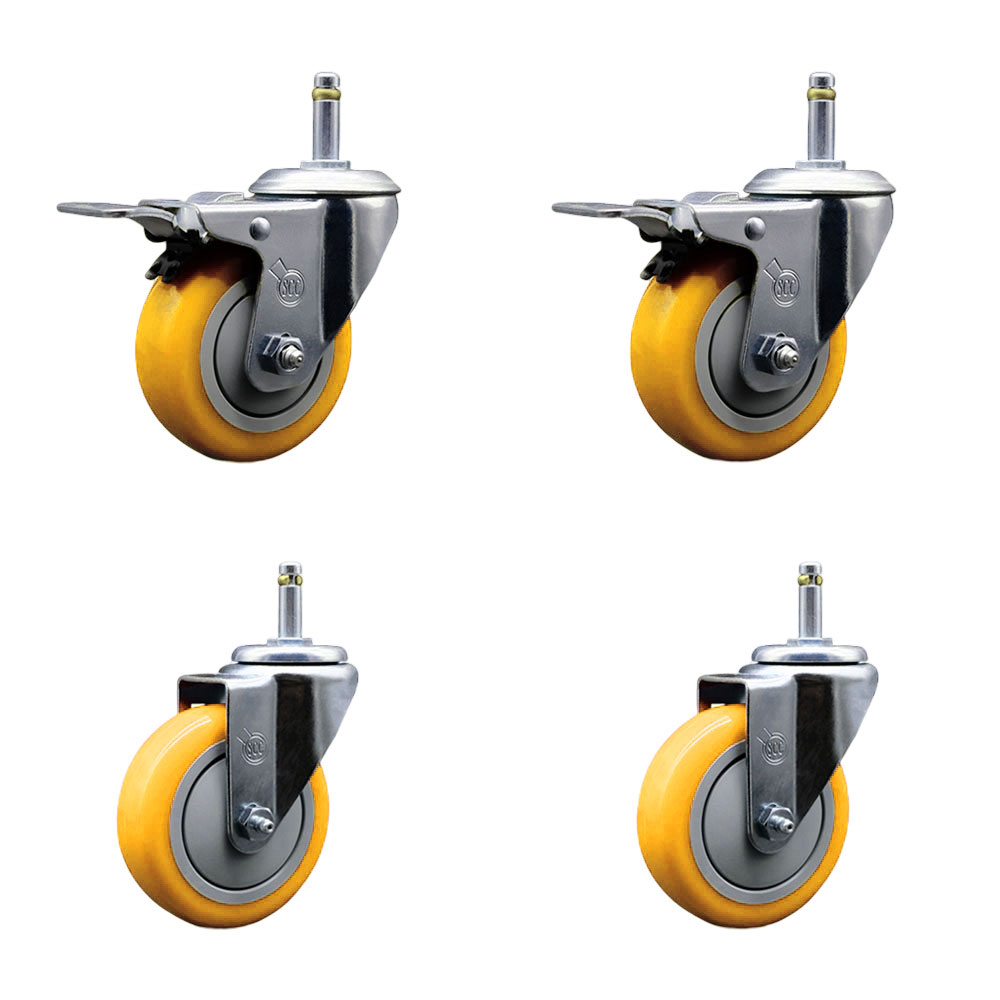 Polyurethane Swivel Grip Ring Stem Caster Set of 4 w/4" x 1.25"  Yellow Wheels and 7/16" Stems - Includes 2 with Total Locking Brake - 1400 lbs Total Capacity - Service Caster Brand — photo 1