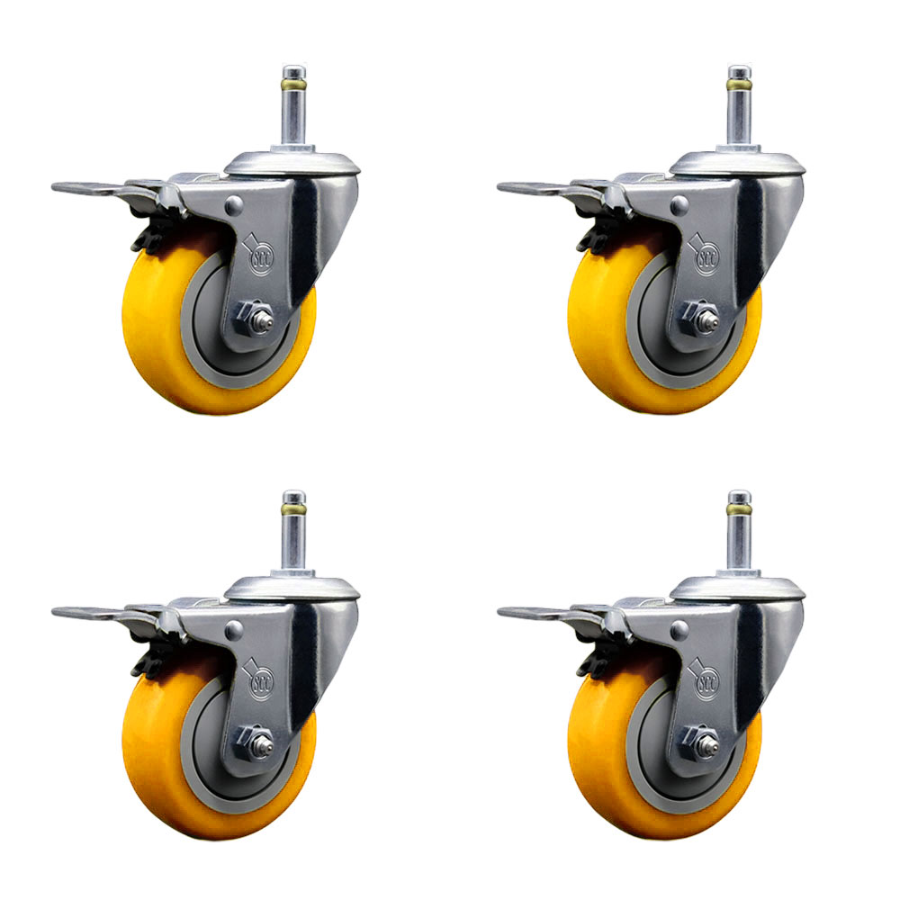 Polyurethane Swivel Grip Ring Stem Caster Set of 4 w/4" x 1.25" Yellow Wheels and 7/16" Stems - Includes 4 with Total Lock Brakes - 1400 lbs Total Capacity - Service Caster Brand — photo 1
