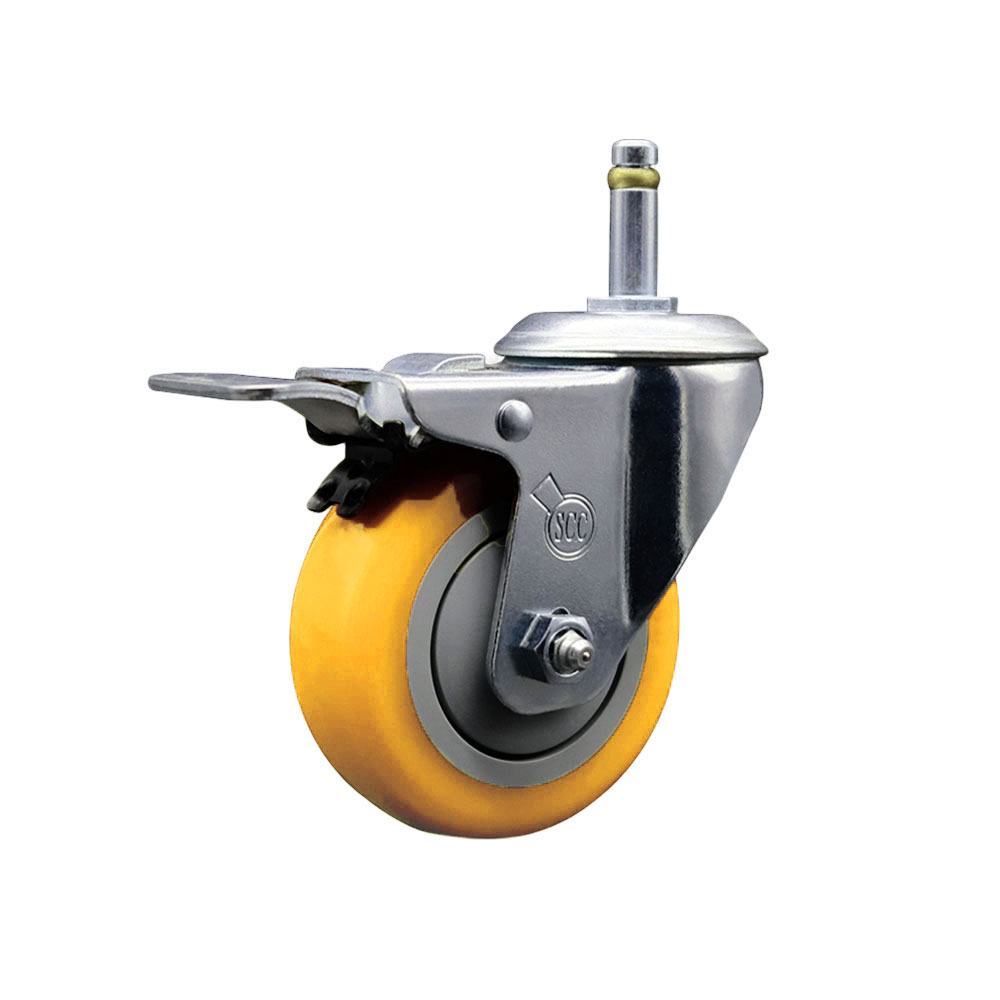 Polyurethane Swivel Grip Ring Stem Caster w/4" x 1.25"  Yellow Wheel and 7/16" Stem & Total Locking Brake - 350 lbs Capacity/Caster - Service Caster Brand — photo 1