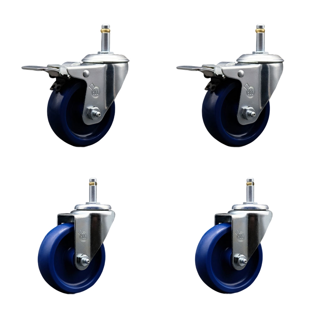 Solid Polyurethane Swivel Grip Ring Stem Caster Set of 4 w/4" x 1.25" Blue Wheels and 7/16" Stems - Includes 2 with Total Locking Brake - 1200 lbs Total Capacity - Service Caster Brand — photo 1