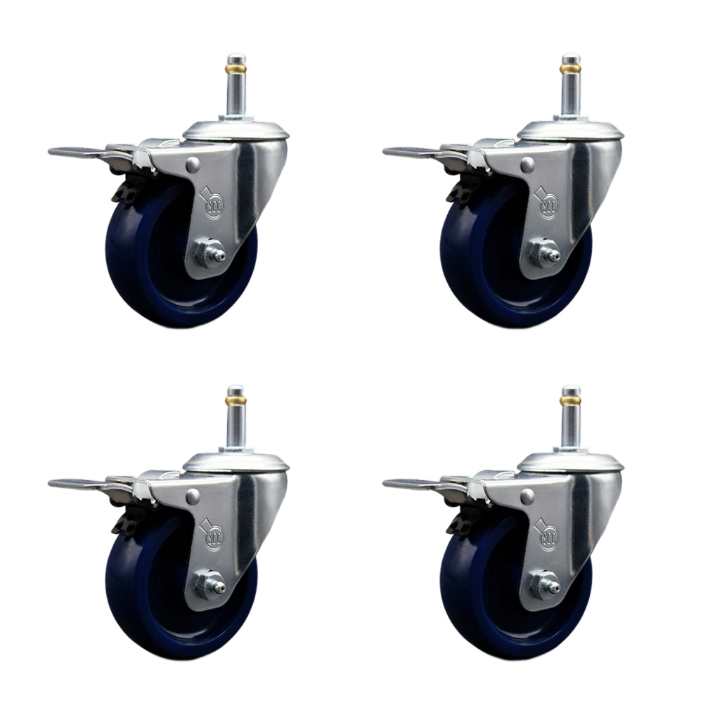 Solid Polyurethane Swivel Grip Ring Stem Caster Set of 4 w/4" x 1.25" Blue Wheels and 7/16" Stems - Includes 4 with Total Lock Brakes - 1200 lbs Total Capacity - Service Caster Brand — photo 1