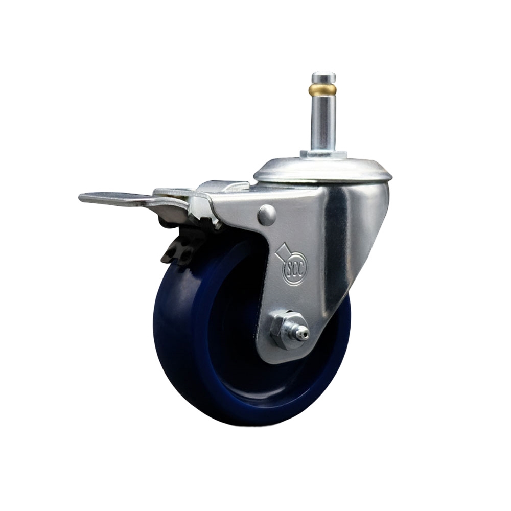 Solid Polyurethane Swivel Grip Ring Stem Caster w/4" x 1.25" Blue Wheel and 7/16" Stem & Total Locking Brake - 300 lbs Capacity/Caster - Service Caster Brand — photo 1