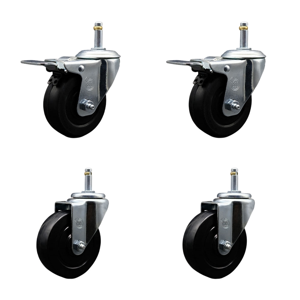 Soft Rubber Swivel Grip Ring Stem Caster Set of 4 w/4" x 1.25" Black Wheels and 7/16" Stems - Includes 2 with Posi Locking Brake - 800 lbs Total Capacity - Service Caster Brand — photo 1