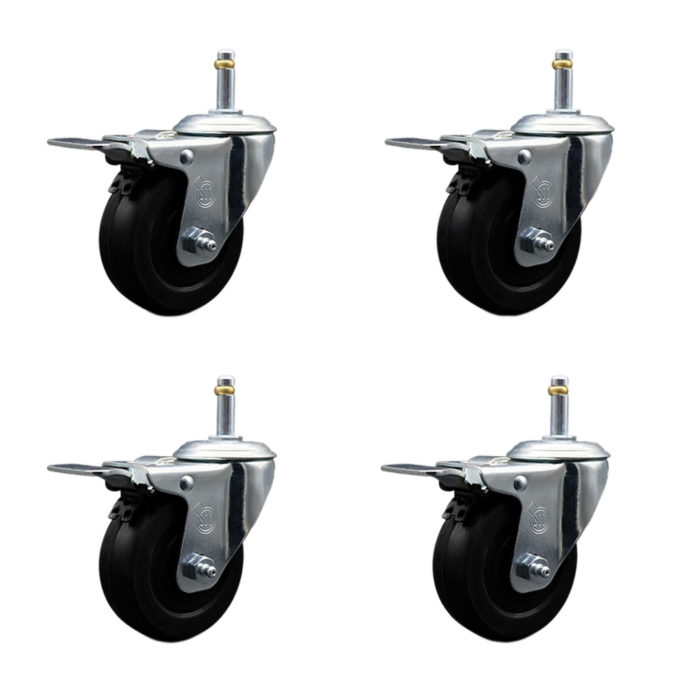 Soft Rubber Swivel Grip Ring Stem Caster Set of 4 w/4" x 1.25" Black Wheels and 7/16" Stems - Includes 4 with Total Lock Brakes - 800 lbs Total Capacity - Service Caster Brand — photo 1