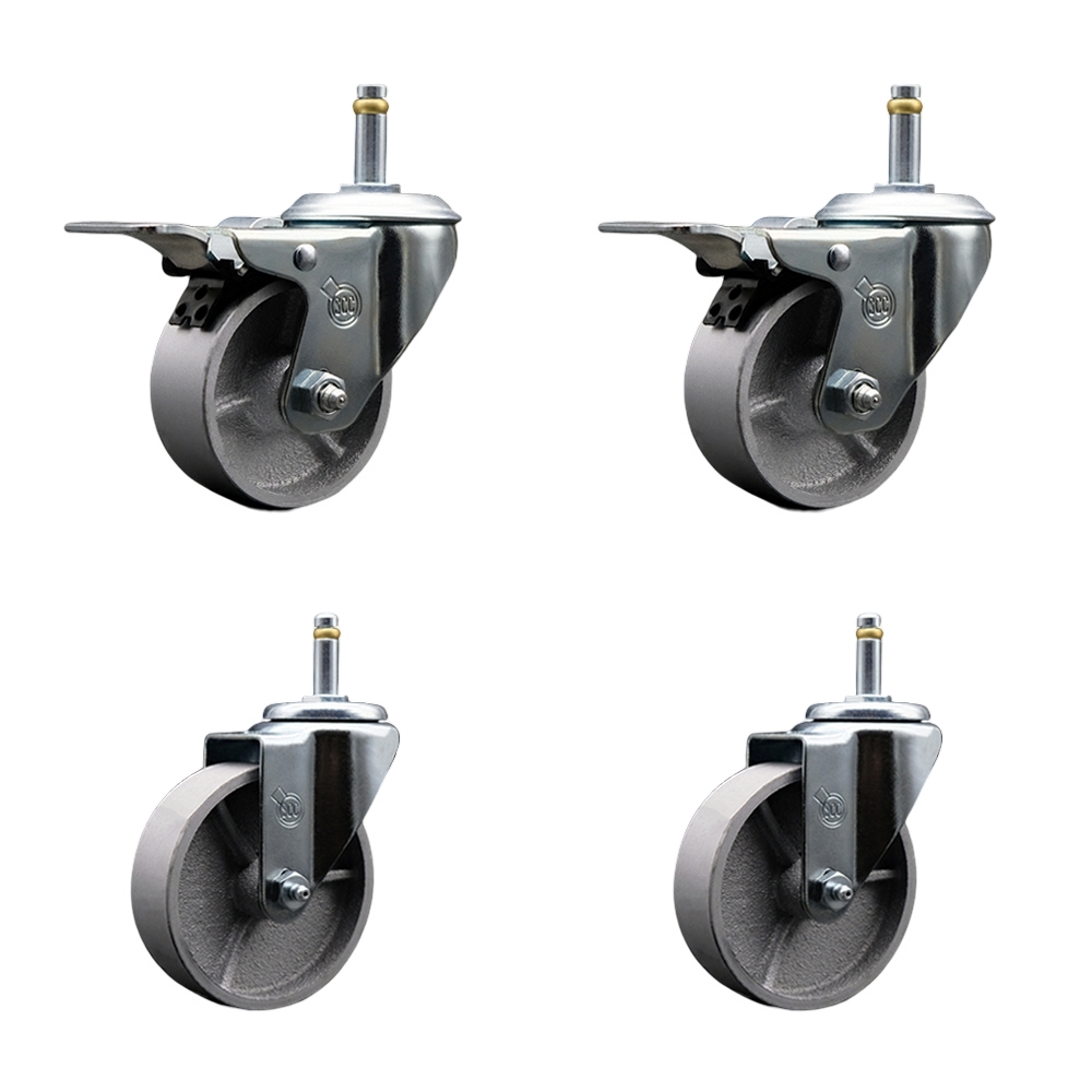 Semi Steel Cast Iron Swivel Grip Ring Stem Caster w/Roller Bearings Set of 4 - 4" x 1.5" Silver Wheels and 7/16" Stems-Includes 2 with Total Locking Brake-1200lbs Total Capacity - Service Caster Brand — photo 1