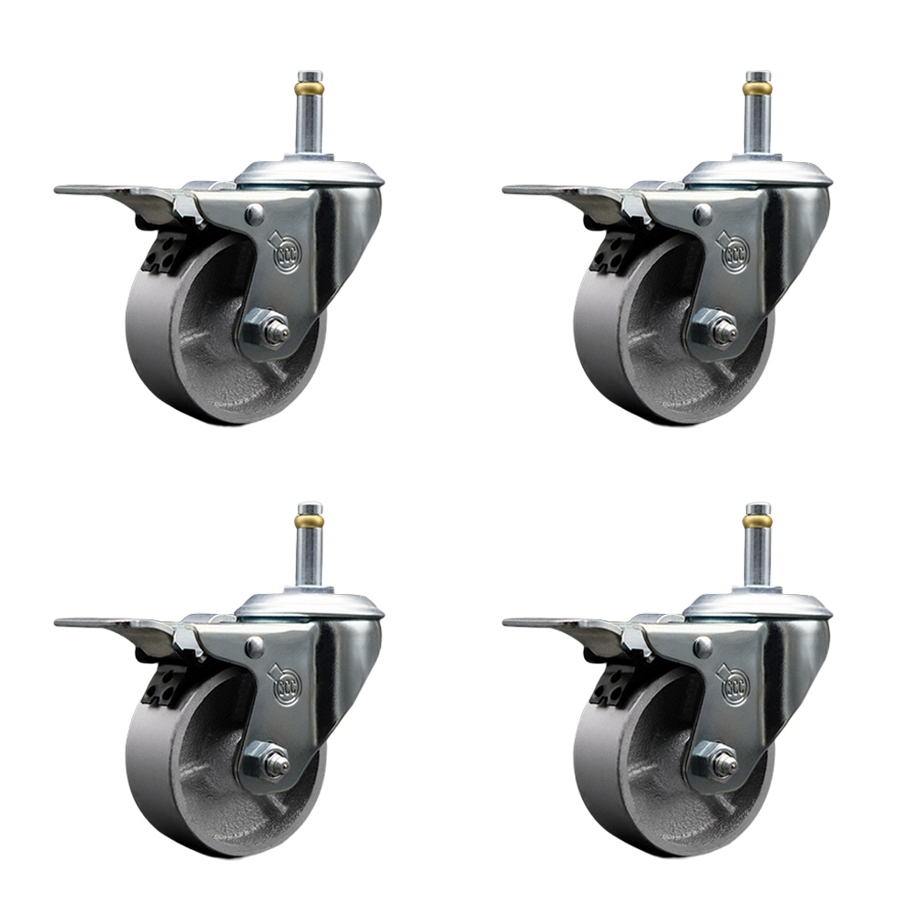 Semi Steel Cast Iron Swivel Grip Ring Stem Caster w/Roller Bearings Set of 4 w/4" x 1.5" Silver Wheels and 7/16" Stems -Includes 4 with Total Lock Brakes-1200 lbs Total Capacity - Service Caster Brand — photo 1