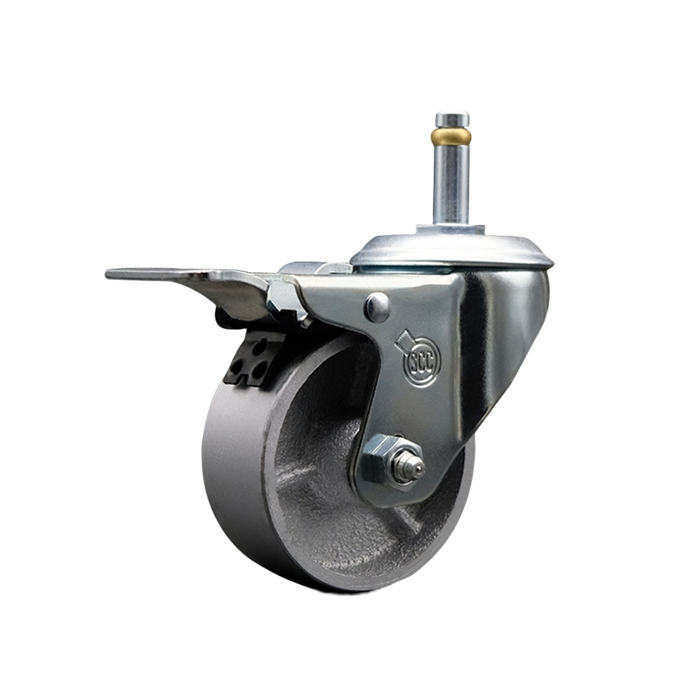 Semi Steel Cast Iron Swivel Grip Ring Stem Caster - 4" x 1.25" Silver Wheel and 7/16" Stem & Total Locking Brake - 300 lbs Capacity/Caster - Service Caster Brand — photo 1