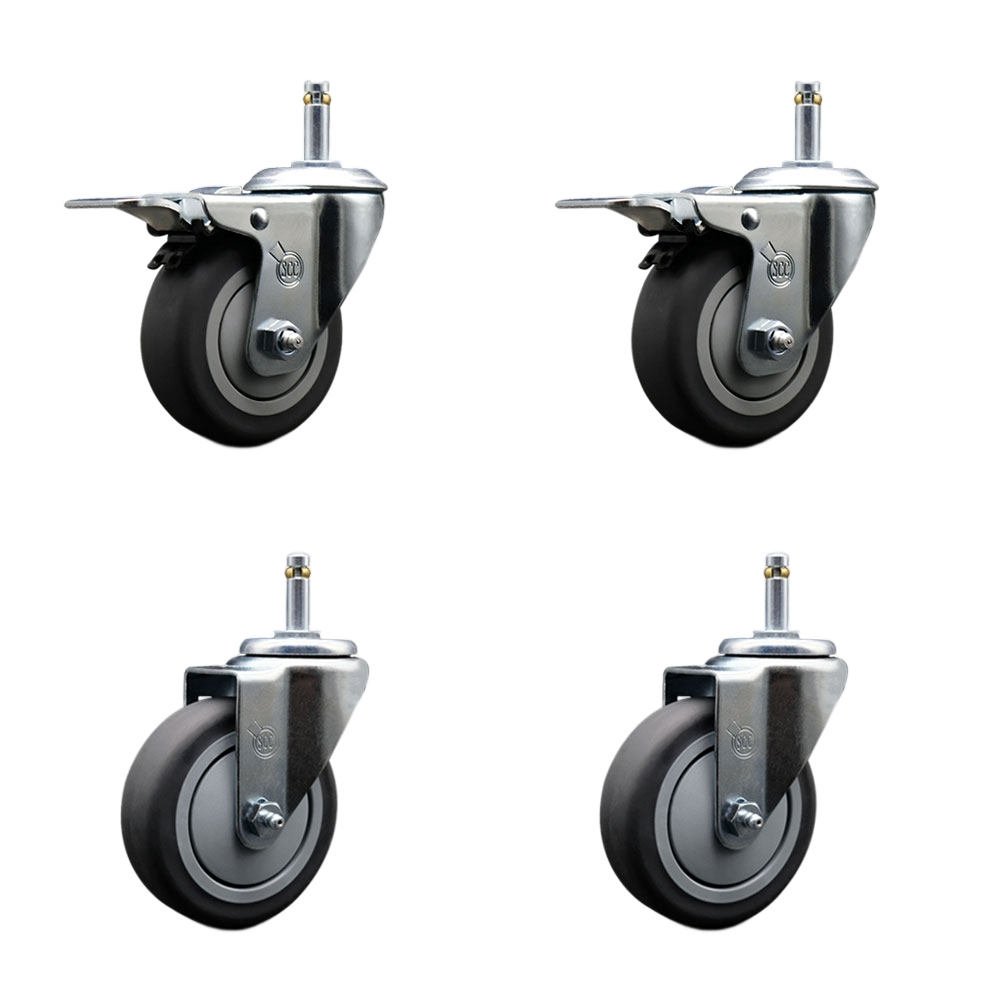 Thermoplastic Rubber Swivel Grip Ring Stem Caster Set of 4 - 4" x 1.25" Gray Wheels and 7/16" Stems - Includes 2 with Total Locking Brake - 1000 lbs Total Capacity - Service Caster Brand — photo 1