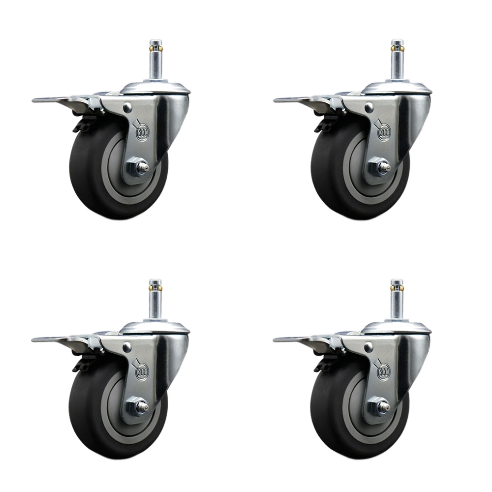 Thermoplastic Rubber Swivel Grip Ring Stem Caster Set of 4 w/4" x 1.25" Gray Wheels and 7/16" Stems - Includes 4 with Total Lock Brakes - 1000 lbs Total Capacity - Service Caster Brand — photo 1