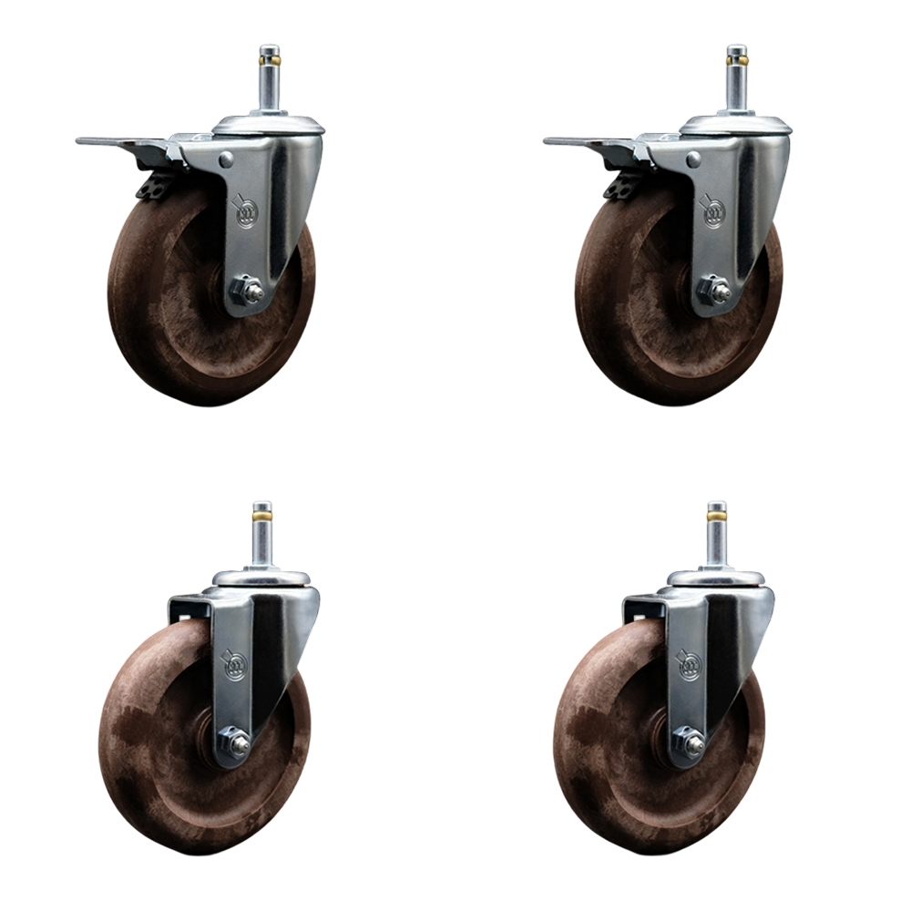 High Temp Glass Filled Nylon Swivel Grip Ring Stem Caster Set of 4 w/5" x 1.25" Brown Wheels and 7/16" Stems - Includes 2 with Total Locking Brake - 1400 lbs Total Capacity - Service Caster Brand — photo 1