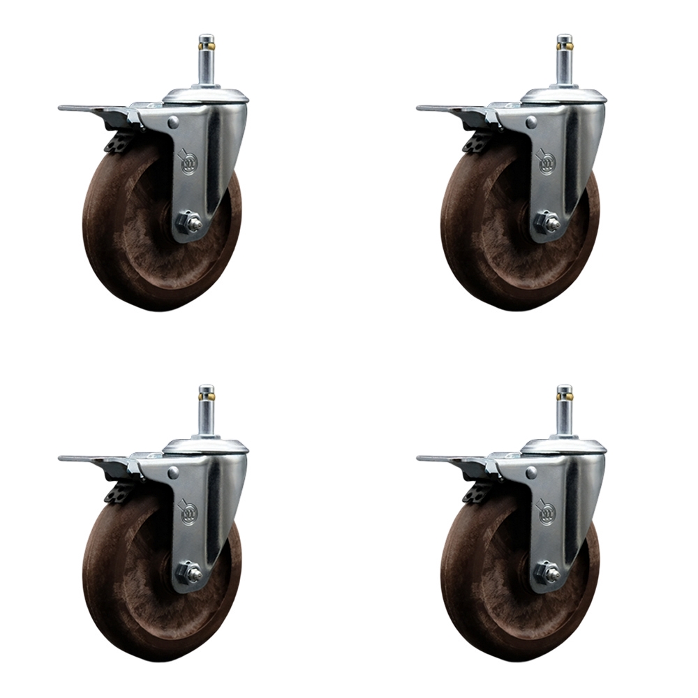 High Temp Glass Filled Nylon Swivel Grip Ring Stem Caster Set of 4 w/5" x 1.25" Brown Wheels and 7/16" Stems - Includes 4 with Total Lock Brakes - 1400 lbs Total Capacity - Service Caster Brand — photo 1