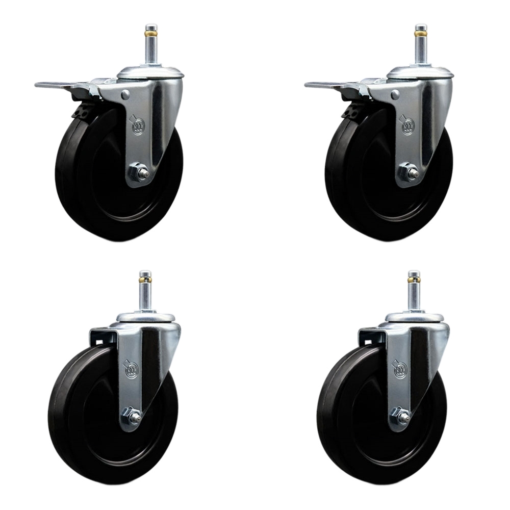 Hard Rubber Swivel Grip Ring Stem Caster Set of 4 w/5" x 1.25" Black Wheels and 7/16" Stems - Includes 2 with Total Locking Brake - 1200 lbs Total Capacity - Service Caster Brand — photo 1
