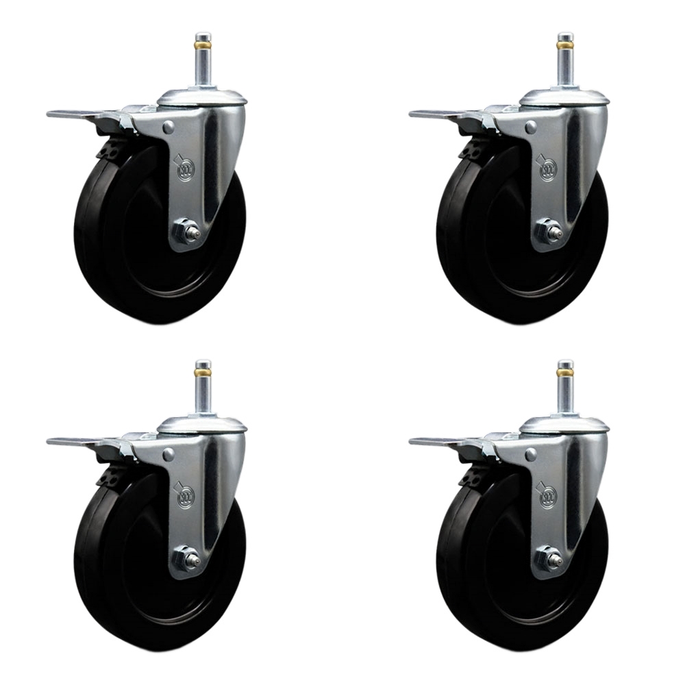Hard Rubber Swivel Grip Ring Stem Caster Set of 4 w/5" x 1.25" Black Wheels and 7/16" Stems - Includes 4 with Total Lock Brakes - 1200 lbs Total Capacity - Service Caster Brand — photo 1