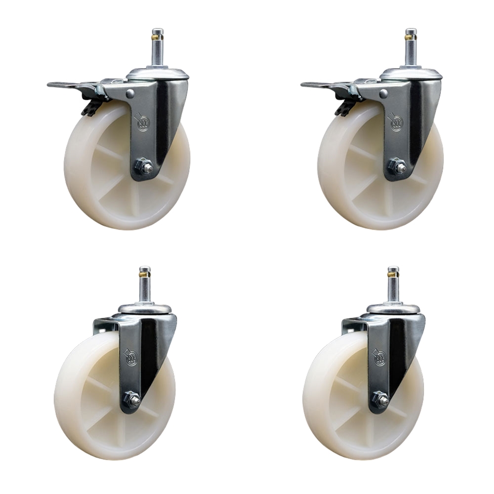 Nylon Swivel Grip Ring Stem Caster Set of 4 w/5" x 1.25" White Wheels and 7/16" Stems - Includes 2 with Total Locking Brake - 1200 lbs Total Capacity - Service Caster Brand — photo 1