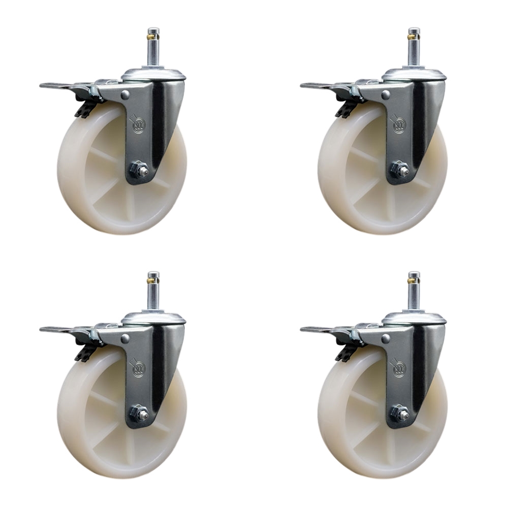 Nylon Swivel Grip Ring Stem Caster Set of 4 w/5" x 1.25" White Wheels and 7/16" Stems - Includes 4 with Total Lock Brakes - 1200 lbs Total Capacity - Service Caster Brand — photo 1