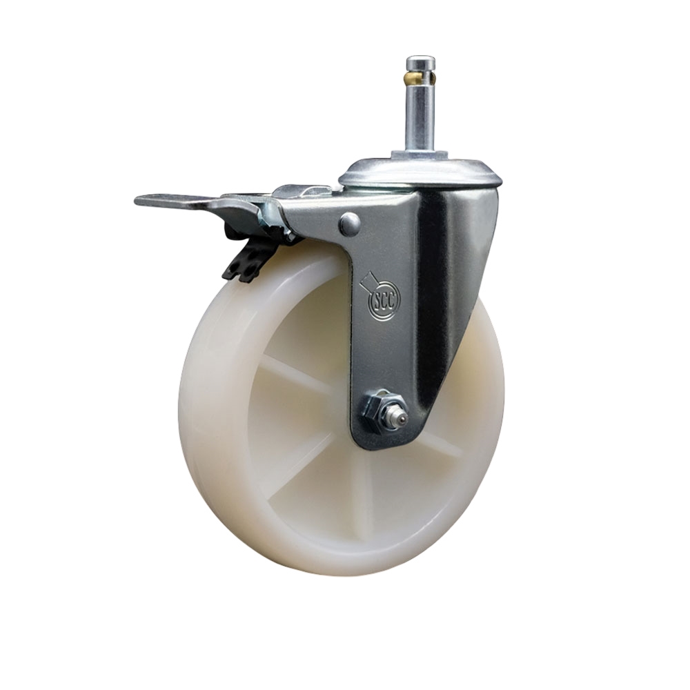 Nylon Swivel Grip Ring Stem Caster w/5" x 1.25" White Wheel and 7/16" Stem & Total Locking Brake - 300 lbs Capacity/Caster - Service Caster Brand — photo 1