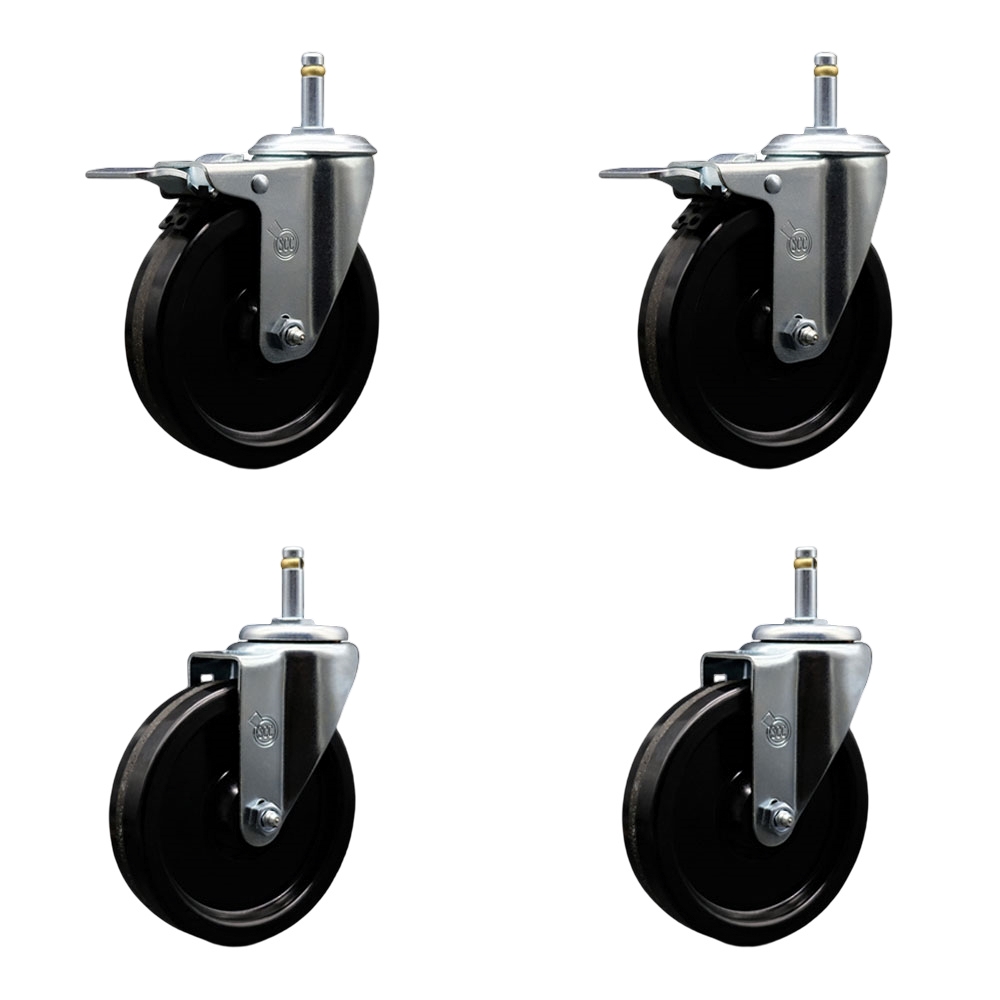 Phenolic Swivel Grip Ring Stem Caster Set of 4 w/Roller Bearing - 5" x 1.25" Black Wheels and 7/16" Stems - Includes 2 with Total Locking Brake - 1200 lbs Total Capacity - Service Caster Brand — photo 1