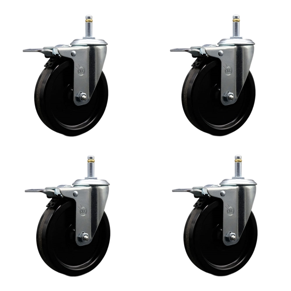 Phenolic Swivel Grip Ring Stem Caster w/Roller Bearing Set of 4 w/5" x 1.25" Black Wheels and 7/16" Stems - Includes 4 with Total Lock Brakes - 1200 lbs Total Capacity - Service Caster Brand — photo 1