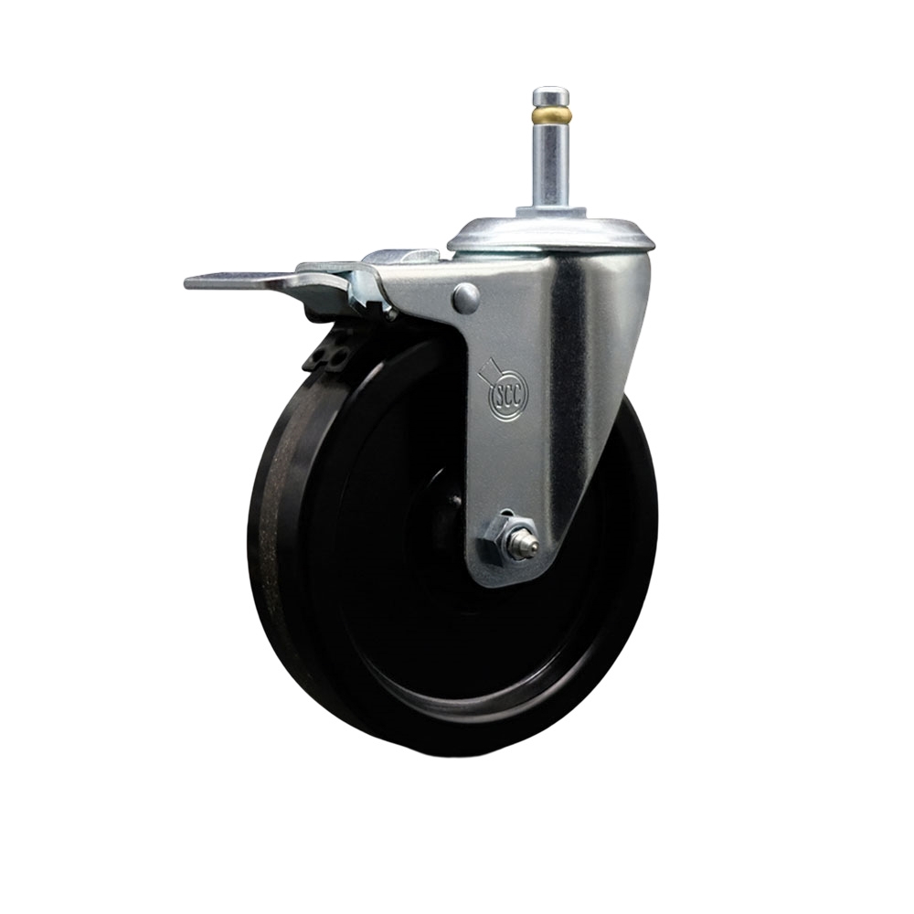 Phenolic Swivel Grip Ring Stem Caster - 5" x 1.25" Black Wheel and 7/16" Stem & Total Locking Brake - 300 lbs Capacity/Caster - Service Caster Brand — photo 1