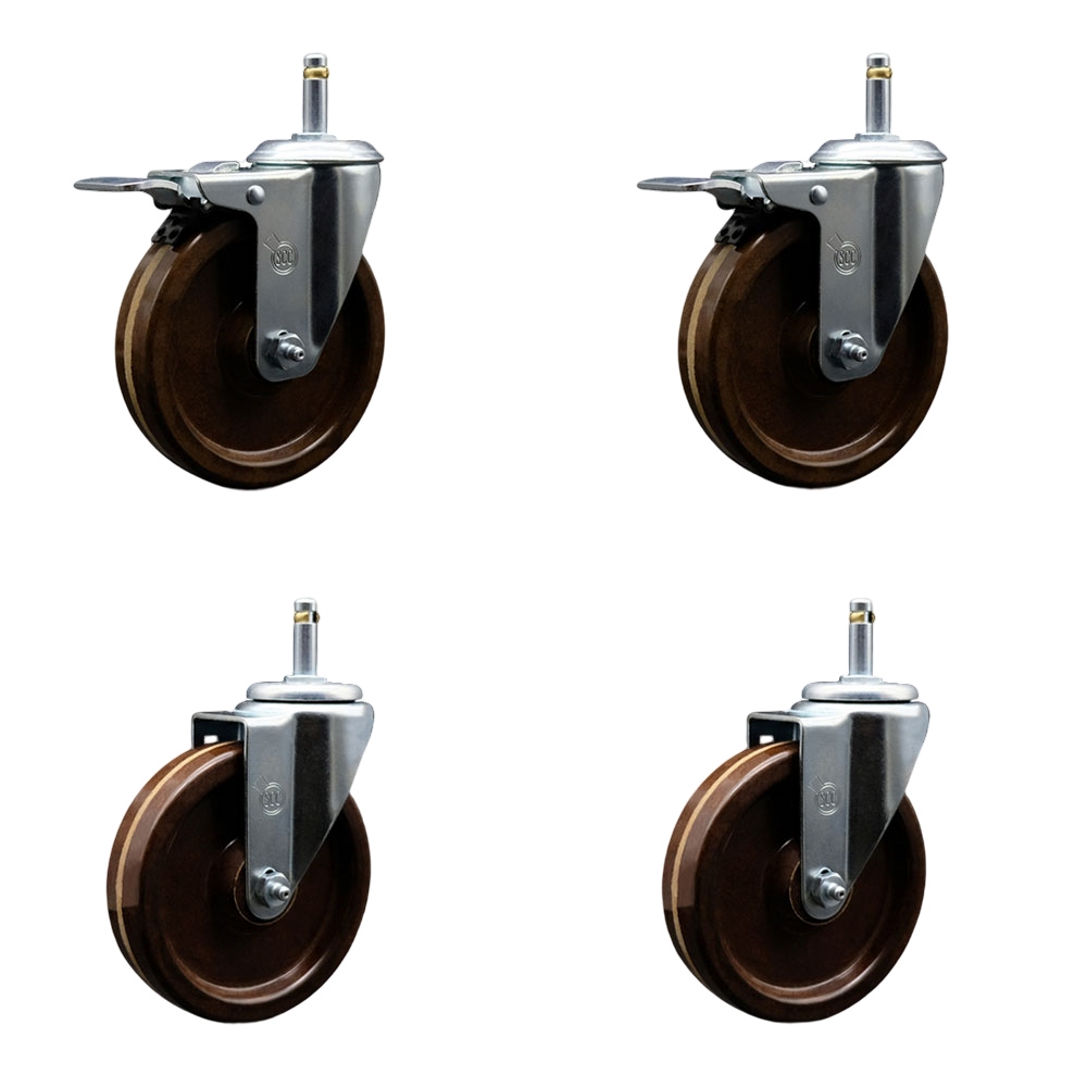 High Temperature Phenolic Swivel Grip Ring Stem Caster Set of 4 - 5" x 1.25" Brown Wheels and 7/16" Stems - Includes 2 with Total Locking Brake - 1200 lbs Total Capacity - Service Caster Brand — photo 1