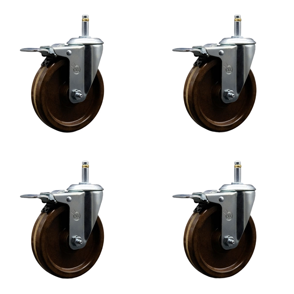 High Temperature Phenolic Swivel Grip Ring Stem Caster w/Roller Bearing Set of 4 w/5" x 1.25" Brown Wheels & 7/16" Stems-Includes 4 with Total Lock Brakes- 1200 lbs Total Capacity-Service Caster Brand — photo 1