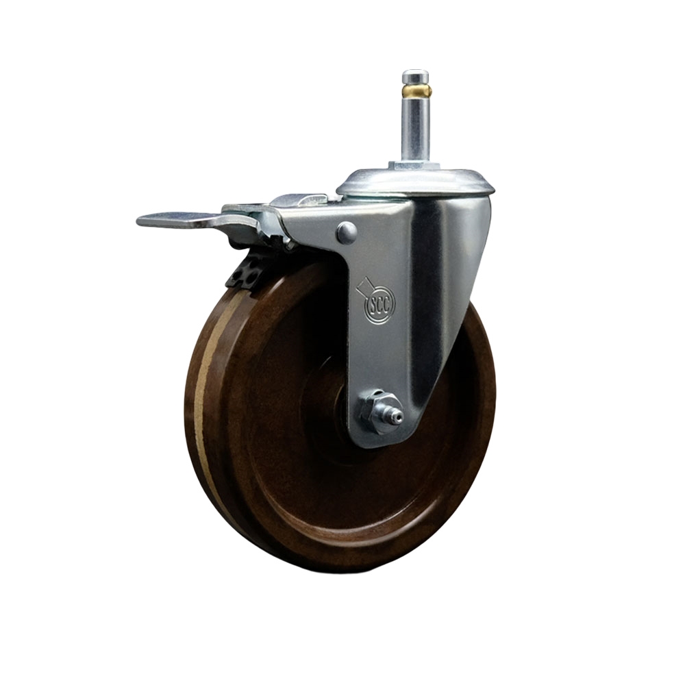 High Temperature Phenolic Swivel Grip Ring Stem Caster - 5" x 1.25" Brown Wheel and 7/16" Stem & Total Locking Brake - 300 lbs Capacity/Caster - Service Caster Brand — photo 1