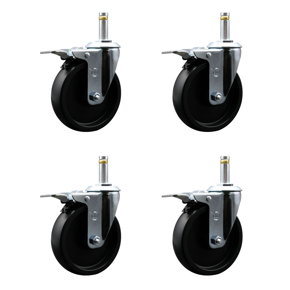 Polyolefin Swivel Grip Ring Stem Caster Wheels Set of 4 with 5 Inch Black Wheels and 7/16" Stems - Includes 4 with Total Lock Brakes - 1400 lbs. Total Capacity - Service Caster Brand — photo 1