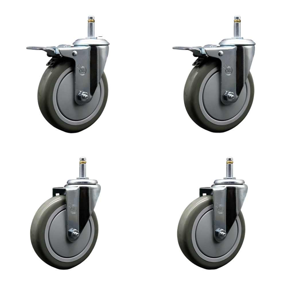 Polyurethane Swivel Grip Ring Stem Caster Set of 4 w/5" x 1.25"  Gray Wheels and 7/16" Stems - Includes 2 with Total Locking Brake - 1400 lbs Total Capacity - Service Caster Brand — photo 1