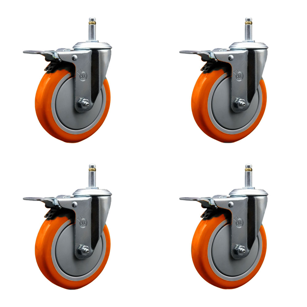 Polyurethane Swivel Grip Ring Stem Caster Set of 4 w/5" x 1.25" Orange Wheels and 7/16" Stems - Includes 4 with Total Lock Brakes - 1400 lbs Total Capacity - Service Caster Brand — photo 1