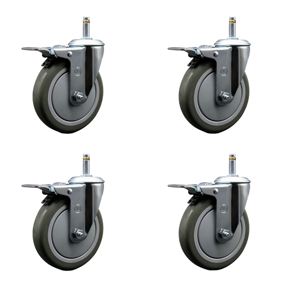 Polyurethane Swivel Grip Ring Stem Caster Set of 4 w/5" x 1.25" Gray Wheels and 7/16" Stems - Includes 4 with Total Lock Brakes - 1400 lbs Total Capacity - Service Caster Brand — photo 1