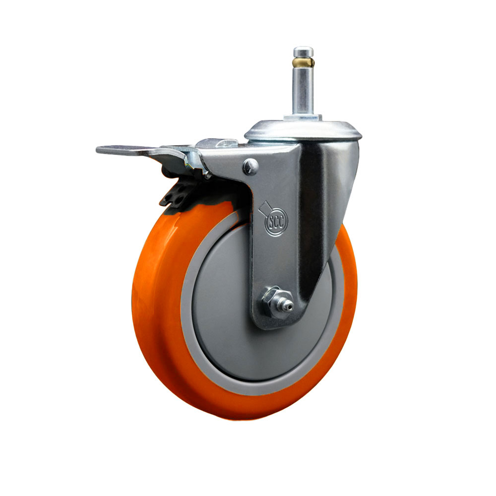 Polyurethane Swivel Grip Ring Stem Caster w/5" x 1.25"  Orange Wheel and 7/16" Stem & Total Locking Brake - 350 lbs Capacity/Caster - Service Caster Brand — photo 1