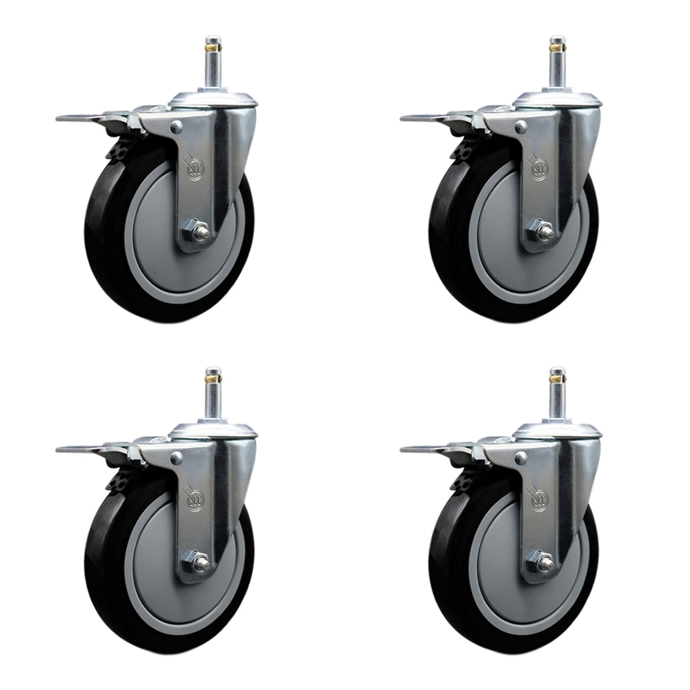 Polyurethane Swivel Grip Ring Stem Caster Set of 4 w/5" x 1.25" Black Wheels and 7/16" Stems - Includes 4 with Total Lock Brakes - 1400 lbs Total Capacity - Service Caster Brand — photo 1