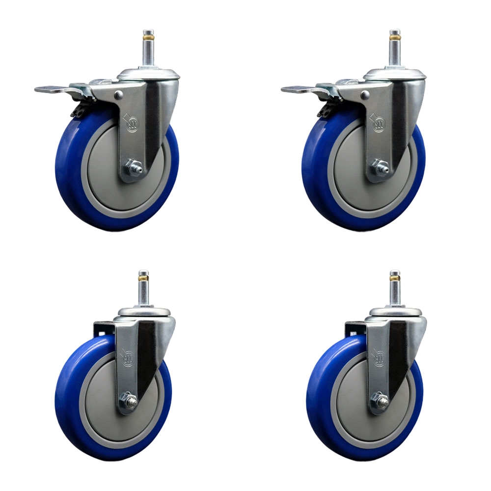 Polyurethane Swivel Grip Ring Stem Caster Set of 4 w/5" x 1.25"  Blue Wheels and 7/16" Stems - Includes 2 with Total Locking Brake - 1400 lbs Total Capacity - Service Caster Brand — photo 1