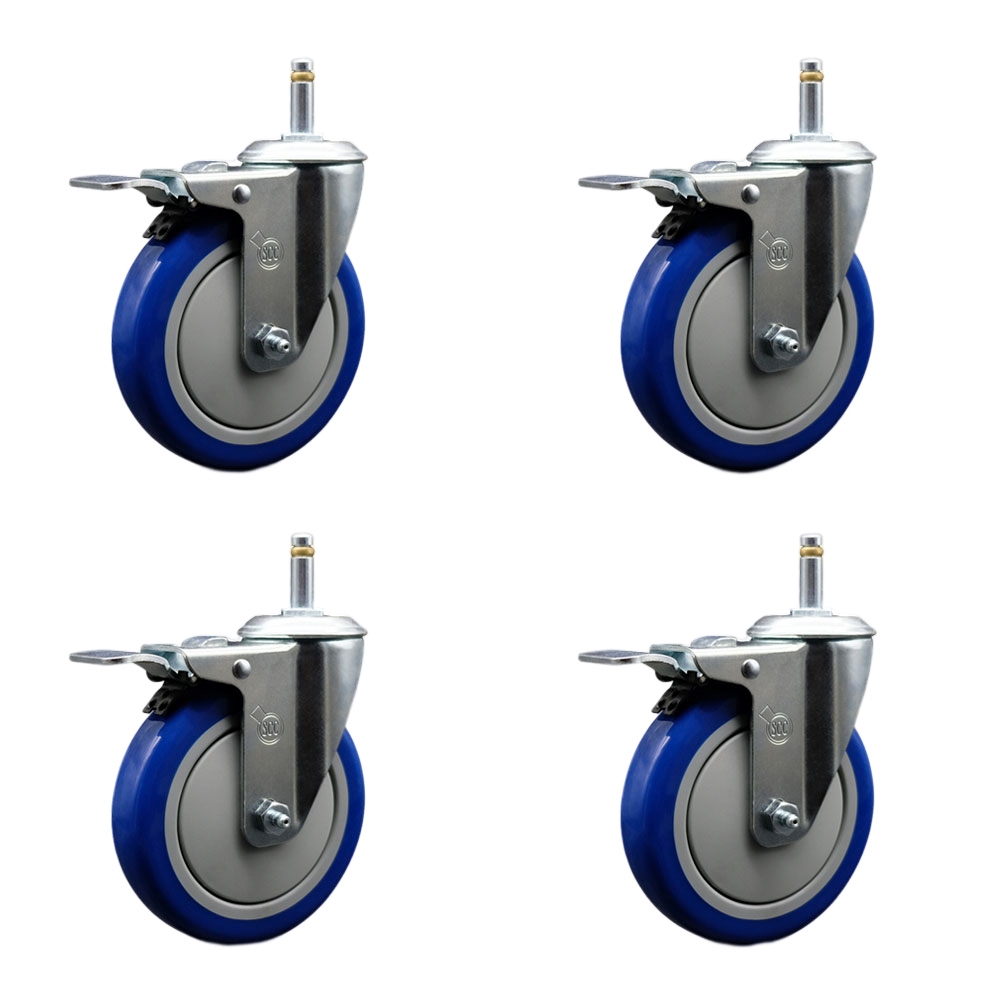 Polyurethane Swivel Grip Ring Stem Caster Set of 4 w/5" x 1.25" Blue Wheels and 7/16" Stems - Includes 4 with Total Lock Brakes - 1400 lbs Total Capacity - Service Caster Brand — photo 1