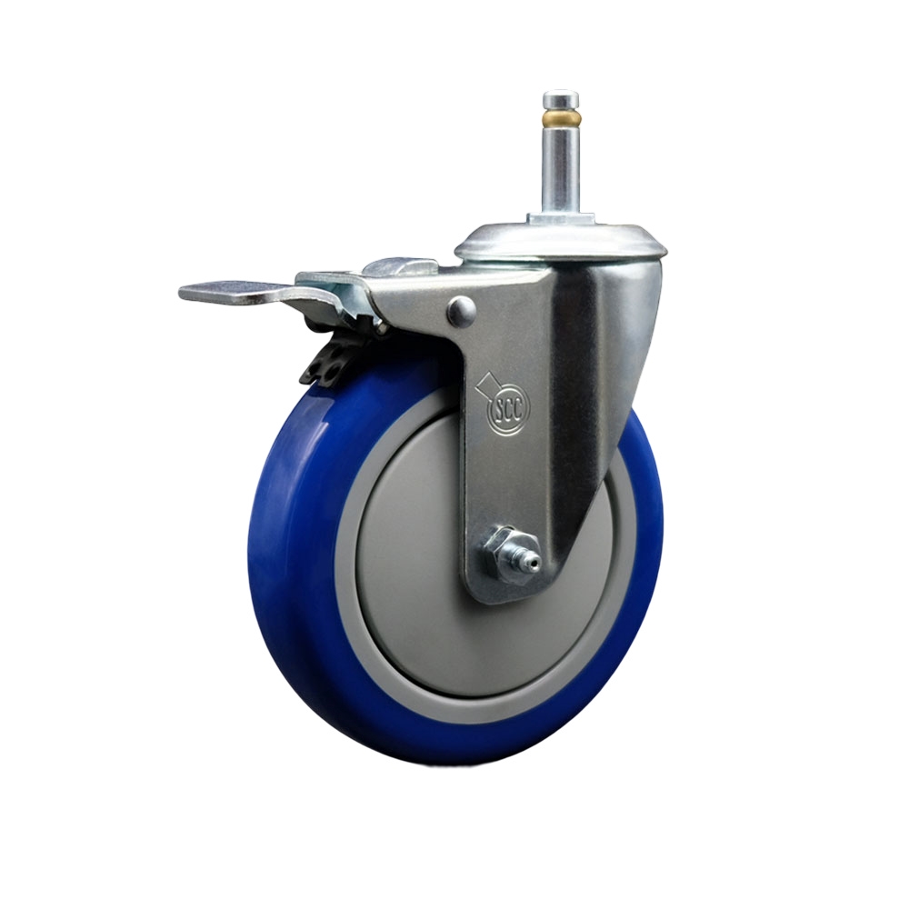 Polyurethane Swivel Grip Ring Stem Caster w/5" x 1.25"  Blue Wheel and 7/16" Stem & Total Locking Brake - 350 lbs Capacity/Caster - Service Caster Brand — photo 1