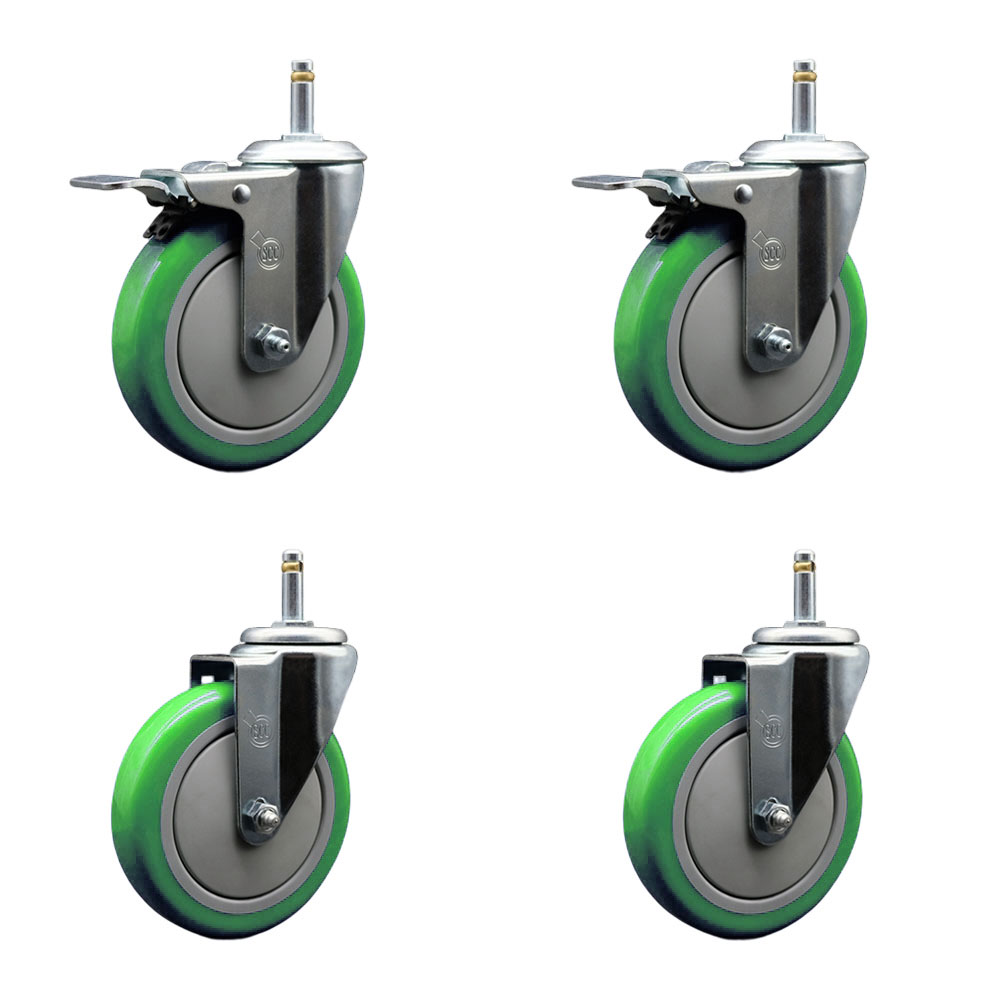 Polyurethane Swivel Grip Ring Stem Caster Set of 4 w/5" x 1.25"  Green Wheels and 7/16" Stems - Includes 2 with Total Locking Brake - 1400 lbs Total Capacity - Service Caster Brand — photo 1